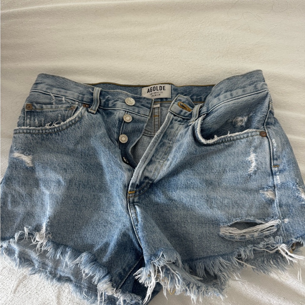 Agolde Blue Distressed Jean Shorts High-Waisted